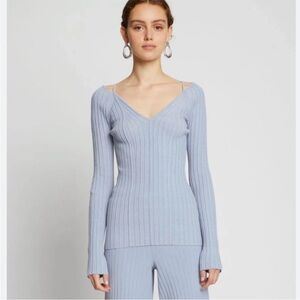 Proenza Schouler White Label Vneck ribbed knit Top Blue Lightweight Sz S NEW